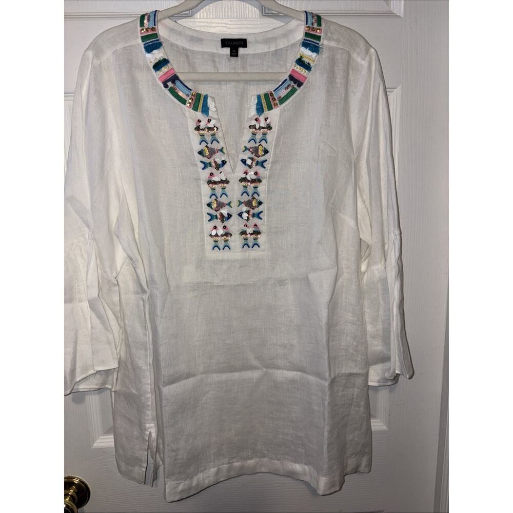 Talbots Women’s XL White Linen Tunic Embroidered Fish Beaded Boho Peasant Top